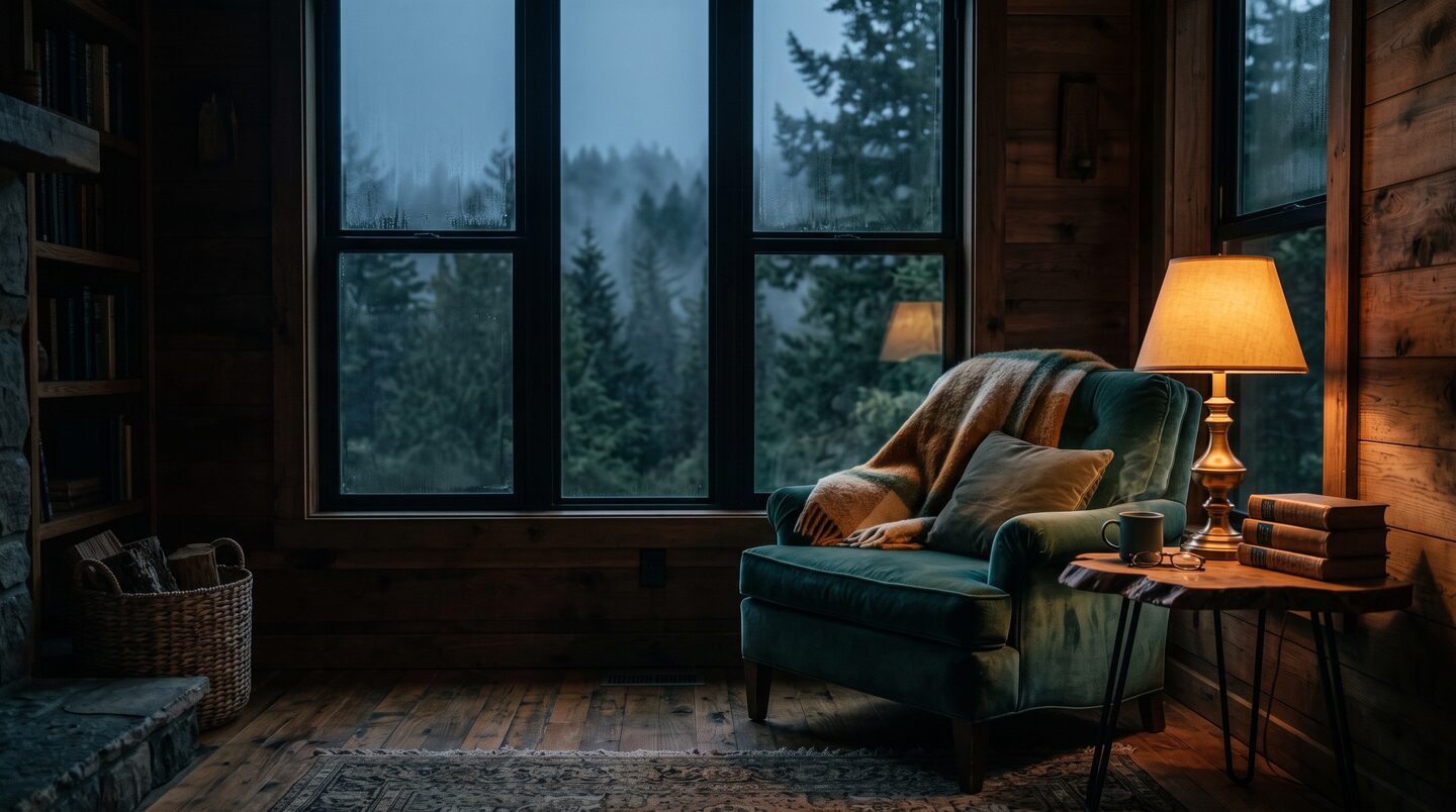 A cozy wooden reading nook at dusk with a warm lamp and books beside a tall window looking out on a misty Pacific Northwest forest.