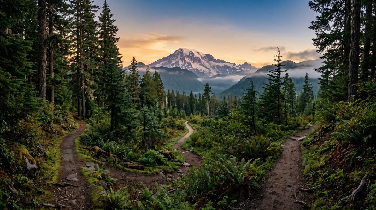 Search marketing in Olympia: two forest trails converging toward a mountain at dusk, two routes to the same destination.