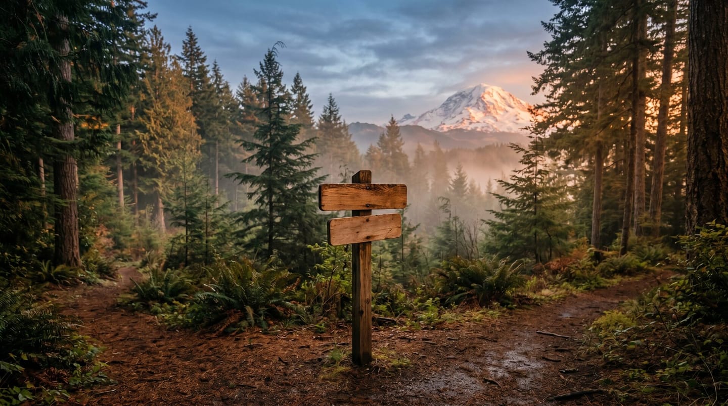 Olympia SEO: a trail signpost in a Pacific Northwest forest at dusk, the path to getting found in local search.