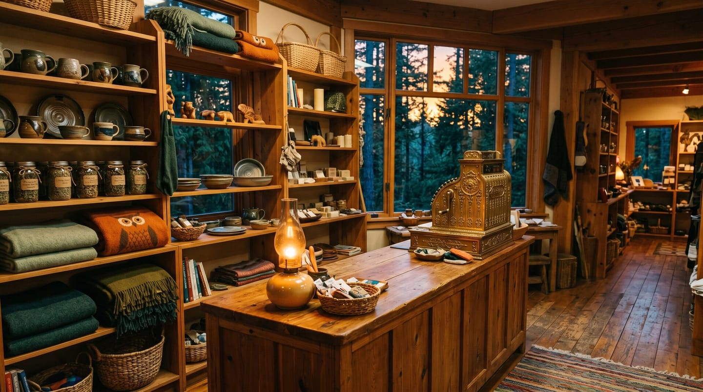 Shopify development in Olympia: a warm local shop counter with crafted goods at dusk.