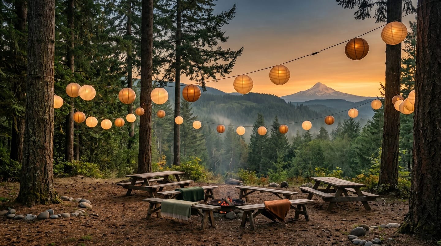 Social media management in Olympia: a string of glowing lanterns over a forest gathering at dusk.