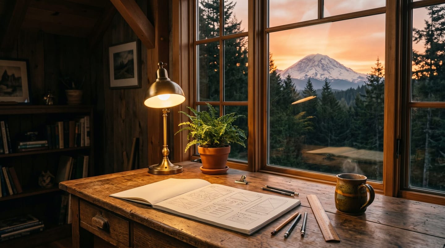 Olympia web design studio at dusk: a desk of hand-drawn website wireframes with a Pacific Northwest mountain view through the window.