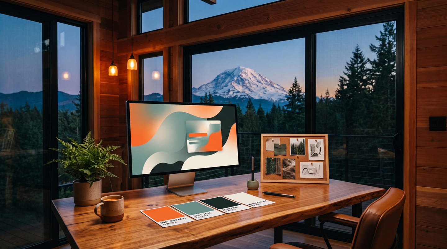 Webflow design in Olympia: a warm cabin studio at dusk with a polished website mockup on screen and a designer's color swatches, a Pacific Northwest mountain view through the window.
