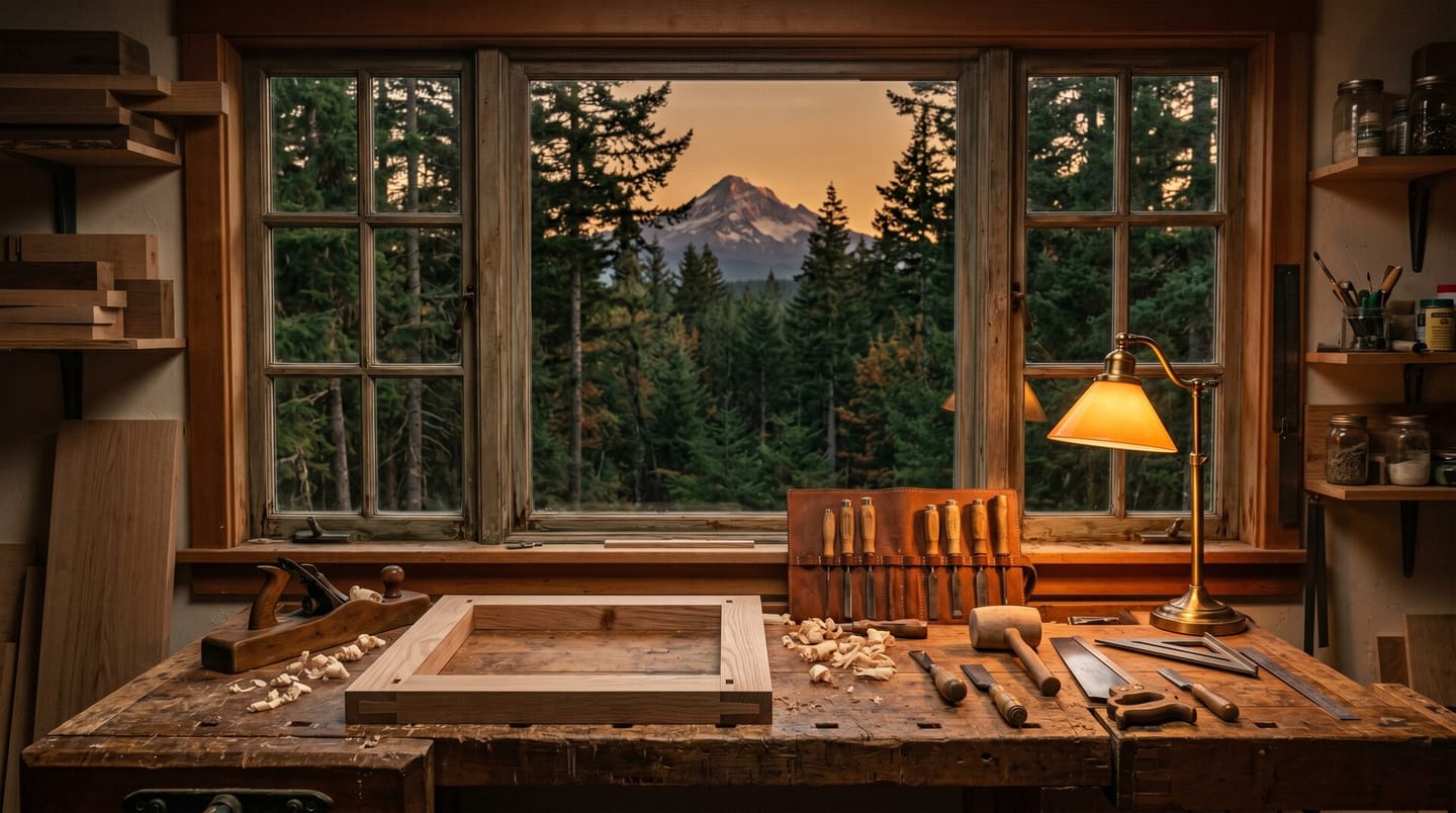 WordPress development in Olympia: a craftsman's workbench building something solid and lasting at dusk.
