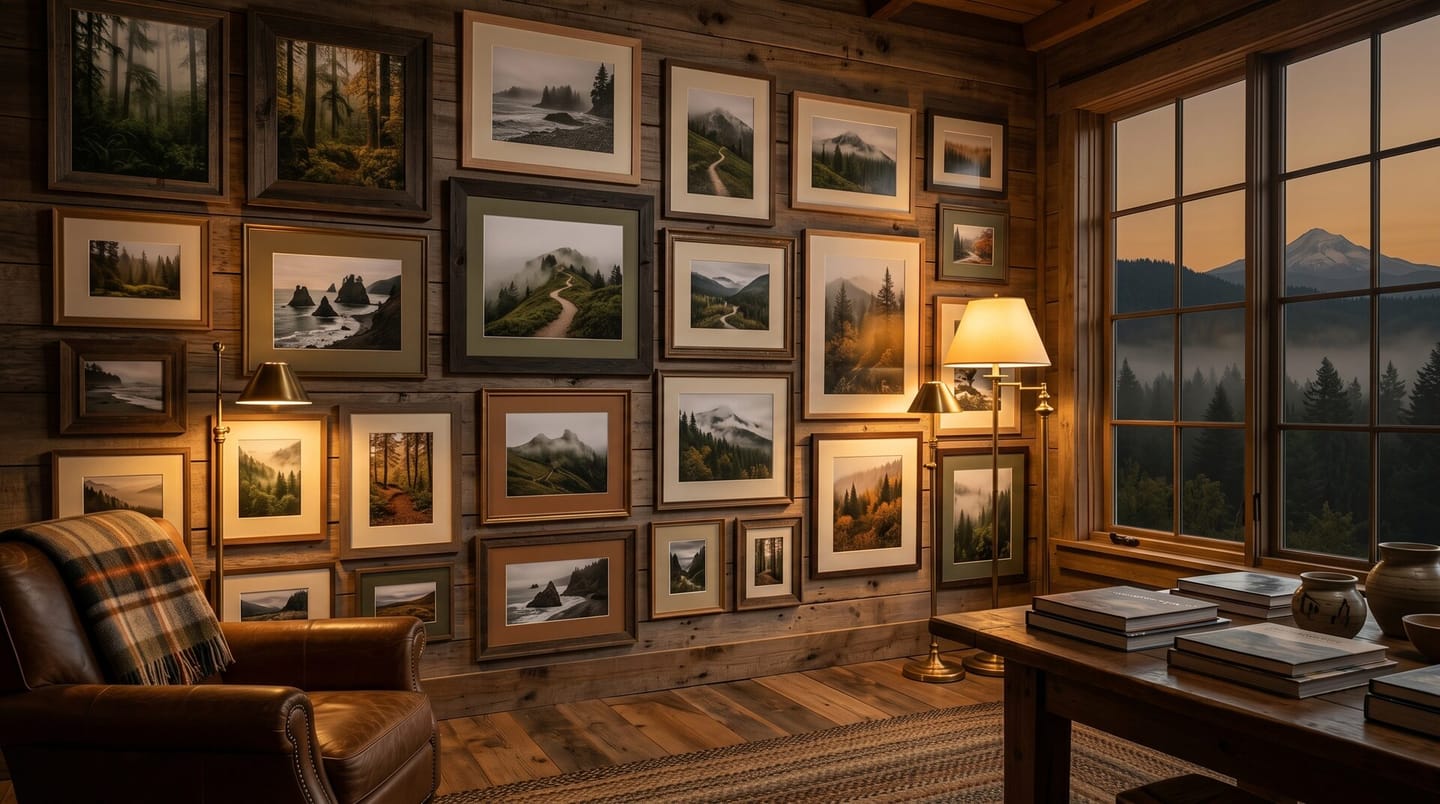 A curated gallery wall of framed work in a warm Olympia cabin studio at dusk.