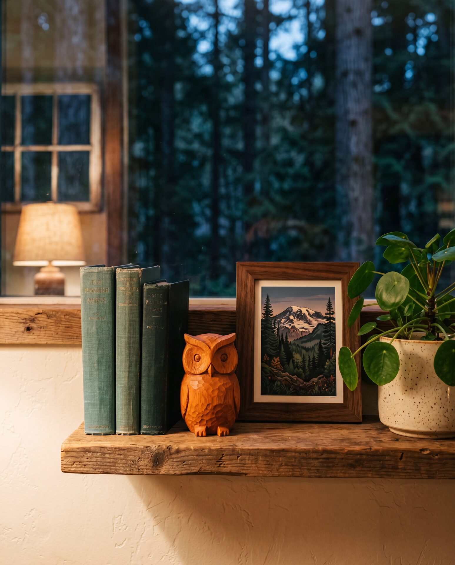 A carved owl, books, and a framed mountain print on a shelf at dusk.
